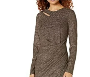 DKNY WOMEN'S SIZE 16 Long Sleeve Knit Cut Out Sheath Metallic Gold DRESS - Picture 1 of 4