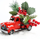 Christmas Vintage Red Truck Decor Farmhouse Metal Pickup Truck Decor with Artifi