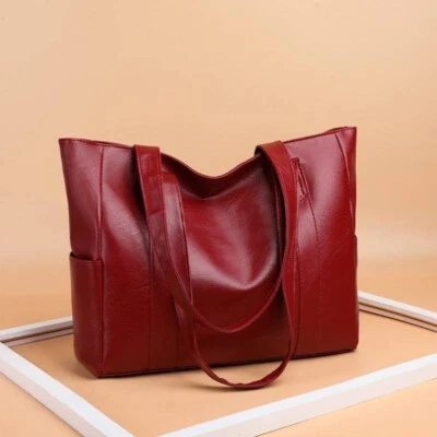 Women Large Burgundy Red PU Leather Minimalist Classic Shoulder Tote Bag Handbag - Image 1 of 3