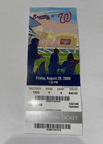 Atlanta Braves Vs Washington Nationals Game day ticket Stub. 8/29/2008 Cover