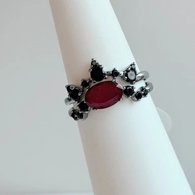Anillo Bomb Party 2 piezas talla 9 RBP8627 "Brighten My Day" ónix negro y rubí sobre hematita Foto 1 de 4