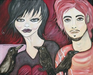 13 x 19 Kunstdruck RABEN Paar signiert vom Künstler KSAMS Gothic Frau Mann Krähe Vogel - Bild 1 von 2