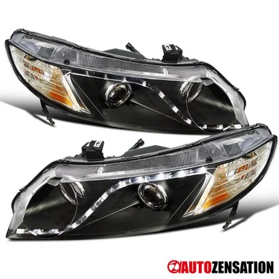 Fit 2006-2011 Honda Civic Sedan Black LED Strip Projector Headlights Front Lamps Foto 1 de 4