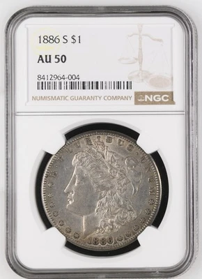 Dólar de plata Morgan 1886 S $1 NGC AU50 Foto 1 de 4