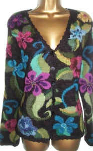 PERUVIAN CONNECTION Alpaca Art to Wear Cardigan L Fits 16 UK - fab Florals - Picture 1 of 8