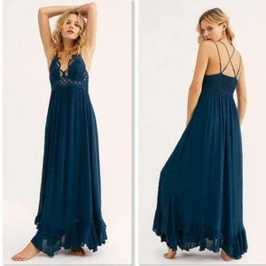 Free People Strappy Adella Tiered Ruffle Maxi Dress SZ S Teal - Picture 1 of 9