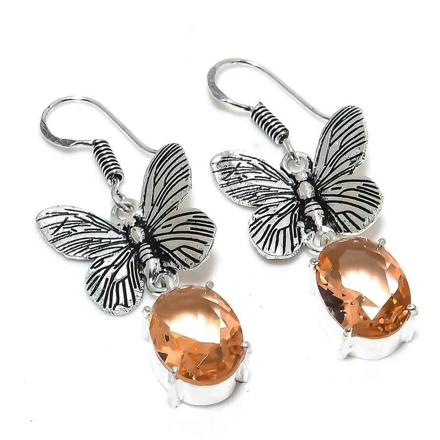 Morganite Gemstone Handmade 925 Sterling Silver Jewelry Earring Sz 1.9'' - Image 1 of 1