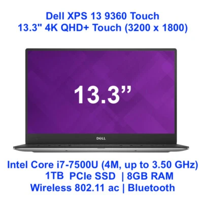 NEW Dell XPS13 9360 Laptop Core i7 4K QHD+ 3200x1800 Touch 1TB 8GB Win10Pro XPS - Image 1 of 4