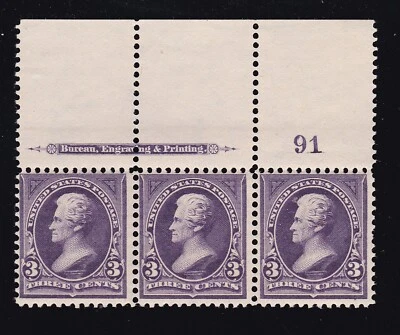 US 268 3c Jackson Mint Plate # Strip of 3 F-VF OG NH SCV $400+ (BB6) - Image 1 of 2