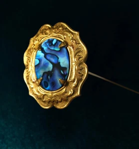 Cabujón Hatpin AQUA BLUE verde concha de abulón en acabado dorado 8 pulgadas Victorian St. - Imagen 1 de 6