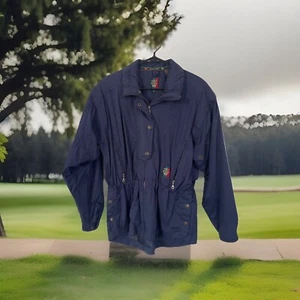 Sunice Medium Golf Zip Up Navy Windbreaker Jacket Miss Cinch Waist Bead Inside - Picture 1 of 16