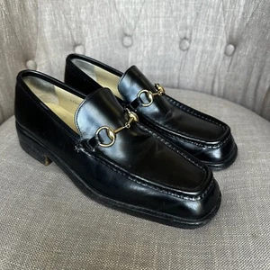 Gucci Horsebit Loafers Mens Sz 8 Black Smooth Leather Slip on Gold Dress Shoe - Picture 1 of 12