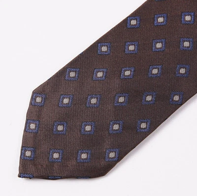 全新带标签 $195 LUCIANO BARBERA 棕色-蓝色钻石提花丝绸领带修身 2.5 英寸宽 — 第 1/3 张图片