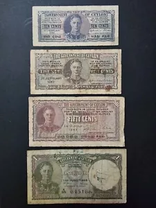 1942 - 1948 Ceylon 10, 25, 50 Cents & 1 Rupee Banknotes Set Of 4 KGVI Sri Lanka - Picture 1 of 2