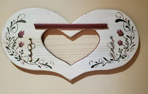 vintage wooden country decor heart floral wall hanging guitar strings - Picture 1 of 6