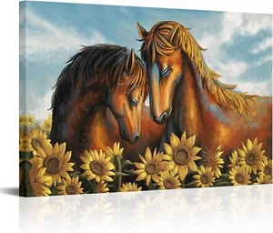 Horse Painting Wall Art Farmhouse Animal with Sunflower Picture Wall Decor Gicle - Picture 1 of 5