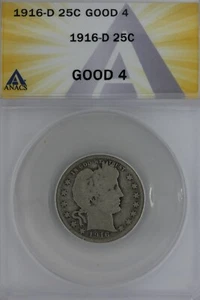 1916-D   .25   ANACS   G 4   Barber Quarter, Liberty Head Quarter, Barber 25C  - Picture 1 of 2