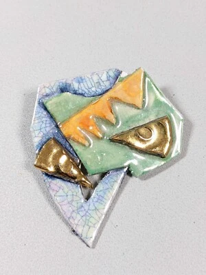 Broche prendedor de cerámica abstracta azul verde dorado Foto 1 de 4