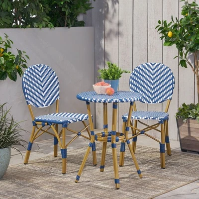 Outdoor Aluminum 3 Piece French Bistro Set, White,Navy Blue,  with Bamboo Finish - Image 1 of 4