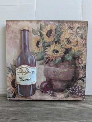  3D Wall Art Rustic Cabernet Wine Motif Fruit Sunflowers 5.25" Square Plaque - Image 1 of 4
