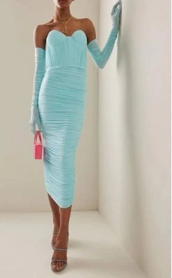 Vestido midi acanalado Alex Perry Prescott con mangas de guantes en azul cielo AU 8 US 6 Foto 1 de 3