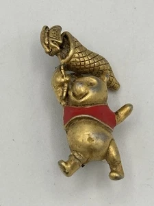 Vintage Disney Winnie The Pooh Bear & Butterfly Brooch Pin Gold Tone Red Shirt - Picture 1 of 9