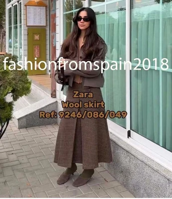 ZARA NUEVA MUJER CINTURA ALTA ZW FALDA CUADROS LANA Y PLIEGUES MARRÓN AZUL 9246/086/049 Foto 1 de 2