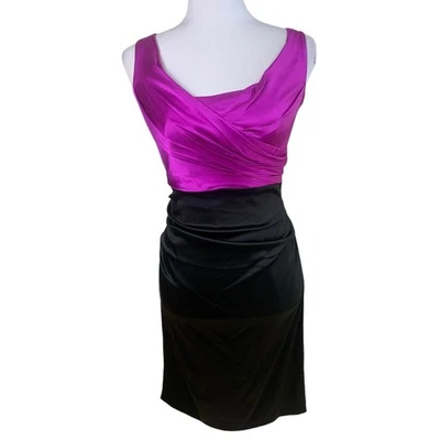 Suzi Chin Maggy Boutique Sz 6 Combo Sheath Dress Fuschia Black Silk Cocktail - Image 1 of 4
