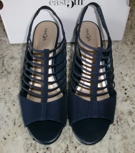 East5th Size 9,5 Medium Navy Blue Strappy Sandals 2 3/4" Women's Heels - Picture 1 of 9