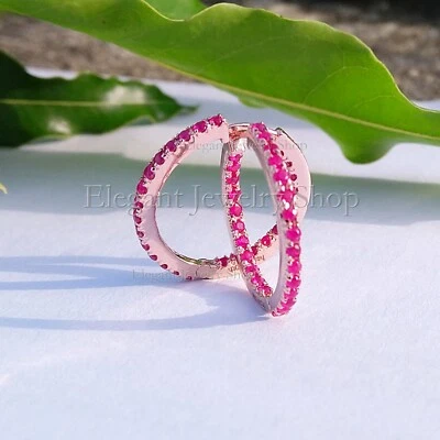 Genuine Ruby Hoop Earrings 14k Rose Gold Handmade Wedding Jewelry Gifts for Her - Image 1 of 4