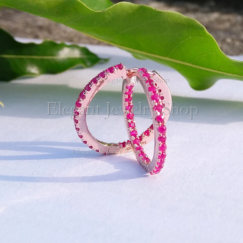 Genuine Ruby Hoop Earrings 14k Rose Gold Handmade Wedding Jewelry Gifts for Her - Image 1 of 4