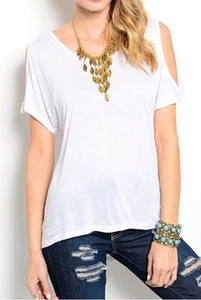 NEW! POPULAR BASICS SEXY COLD SHOULDER HI-LO CLUBWEAR TOP, WHITE ~ S / BUST 34" - Picture 1 of 3