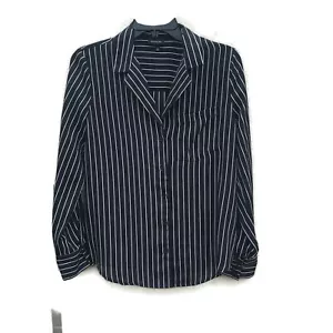 Who What Wear Shirt Top Damen geknöpft schwarz weiß gestreift Poly S klein L/S seidig - Bild 1 von 8