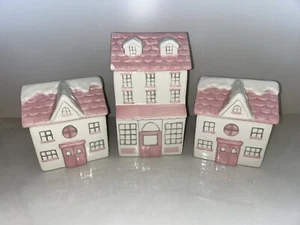 New Peppermint & Pine Pink Village House Cookie Jar Set Of 3 - Picture 1 of 7