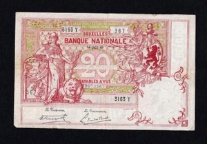 BELGIUM 20 FRANCS 1919 P-67 RARE Banknote Circulated - Picture 1 of 3