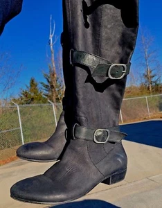 NICOLE Knee High Black Leather Motorcycle Buckle Boots Womens Shoes Sz 8.5 👣b5 - Picture 1 of 10