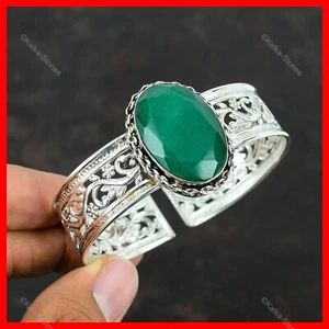 Valentines Sale Sterling Silver Zambian Emrald Gemstone Engagement Bezel Bangle - Picture 1 of 6