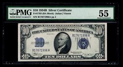 Key Date 1934-B $10 Silver Certificates PMG About Uncirculated 55 - Image 1 of 2