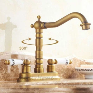 Retro Double Handles Bathroom Sink Faucet Antique Swivel Mixer Tap Deck Mounted - Picture 1 of 4