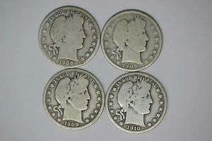 4 Nice Barber Half Dollas- 1906, 1907-O, 1909 and 1910-S. - Picture 1 of 4