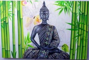Quadro dipinto volto di Buddha Thai in foresta di bambù cm 150x100 testata letto - Picture 1 of 7