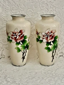 Vintage PAIR Of Japanese Cloisonne Vases Pale Yellow With Vibrant Roses - Picture 1 of 15