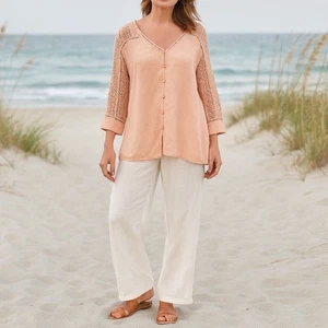 Soft Surroundings Peach Cotton Lace Crochet Boho Button Front Top M Cottagecore - Picture 1 of 11