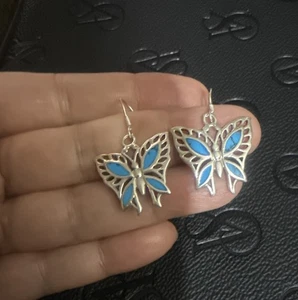 925 Sterling Silver Butterfly Earrings Jewelry With Turquoise Enamel - Picture 1 of 9