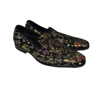 Hombre Negro Con Bordado Floral Zapatos 9.5 D Novio Boda Pisos Sin Cordones Mocasín - Imagen 1 de 11