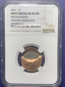 2001 1C Mint Error Ms66 RD Broadstruck Obverse Brockage - Picture 1 of 4