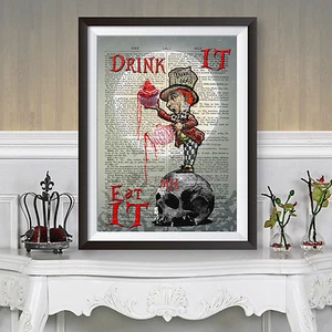 GOTHIC ALICE IM WUNDERLAND Verrückter Hutmacher Totenkopf Horror Mond WÖRTERBUCH KUNST POSTER - Bild 1 von 2