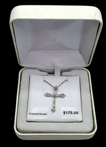 New 10K White Gold Cross Pendant Necklace Diamond Accent 18" Chain Fine Jewelry - Picture 1 of 8