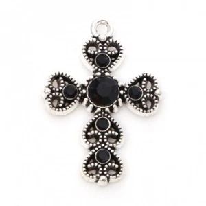 5 Stunning Ornate Antique Silver Tone Cross Shaped Pendants & Rhinestone Detail - Picture 1 of 1