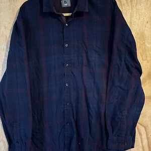 B LUX by Bruno Plaid Button-Up Shirt XL Navy Burgundy Polka Dot Accent - Picture 1 of 4